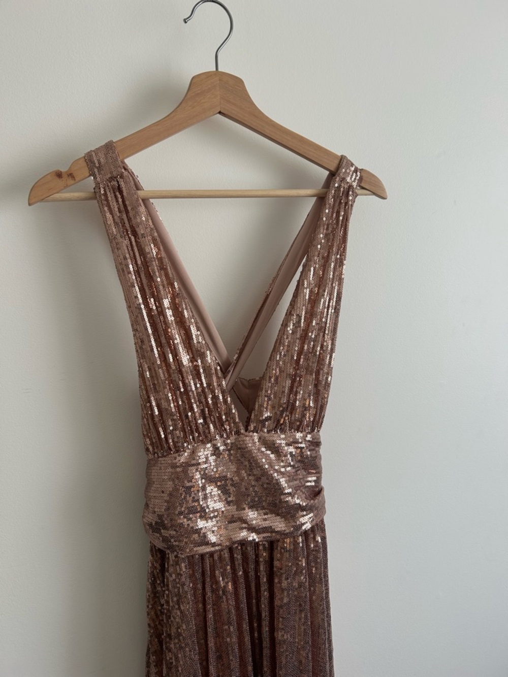 She + Sky Rose Gold Sequin V-Neck Gown